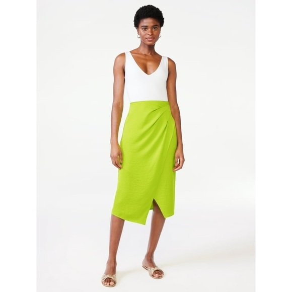 Scoop NYC Dresses & Skirts - Scoop Acid Lime Satin Faux Wrap Midi Skirt XXL Neon Green Slit Sold Out Online